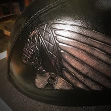 Load image into Gallery viewer, Leather covered Half Helmet With Skull Warbonnet