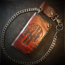 Load image into Gallery viewer, Long Biker Leather Wallet with Chain - Flag Skull, Brown