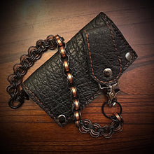 Load image into Gallery viewer, Long Biker Exotic Leather Wallet with Chain - Genuine Elephant Leather, Black, Brown Interior, Brown Stitching