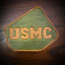 Load image into Gallery viewer, Leather Frame Emblem for the Indian Scout - USMC, Green &amp; Gold