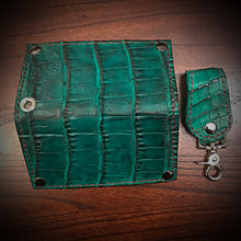 Load image into Gallery viewer, Long Biker Exotic Leather Wallet with Chain - American Alligator Leather, Green, Red &amp; Green Interior, Red Stitching