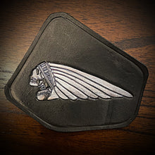 Load image into Gallery viewer, Leather Frame Emblem for the Indian Scout - Skull Warbonnet