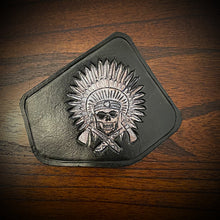 Load image into Gallery viewer, Leather Frame Emblem for the Indian Scout - Native Skull Tomahawk