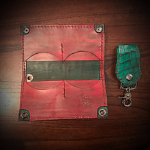 Load image into Gallery viewer, Long Biker Exotic Leather Wallet with Chain - American Alligator Leather, Green, Red &amp; Green Interior, Red Stitching