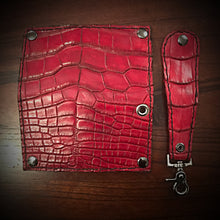 Load image into Gallery viewer, Long Biker Exotic Leather Wallet with Chain - American Alligator Leather, Red, Red &amp; Black Interior, Black Stitching