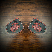 Load image into Gallery viewer, Leather Frame Emblem for the Indian Scout - Eagle Globe &amp; Anchor, Red &amp; Black (ships now) Clearance Sale