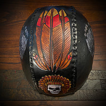 Load image into Gallery viewer, Leather covered Half Helmet With Flying Skull Art