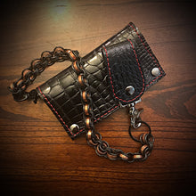 Load image into Gallery viewer, Long Biker Exotic Leather Wallet with Chain - American Alligator Leather, All Black, Red Stitching