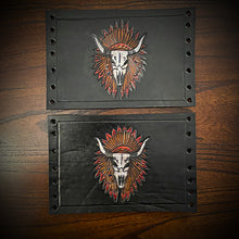 Load image into Gallery viewer, Motorcycle Fork Covers - Cow Skull &amp; War Bonnet Black