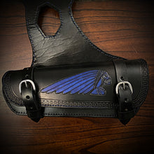 Load image into Gallery viewer, Heat Shield for  Indian Scout motorcycle - Double Pouch - Skull Warbonnet Blue