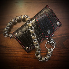Load image into Gallery viewer, Long Biker Exotic Leather Wallet with Chain - American Alligator Leather, All Black, Red Stitching