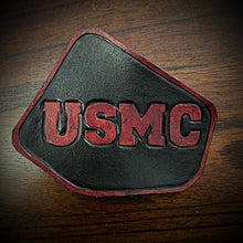 Load image into Gallery viewer, Leather Frame Emblem for the Indian Scout - USMC, Red &amp; Black (ships now) Clearance Sale