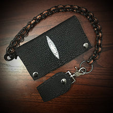 Load image into Gallery viewer, Long Biker Exotic Leather Wallet with Chain - Stingray, Black with White Mark
