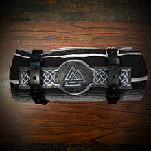 Load image into Gallery viewer, Bedroll for Motorcycles - Vaulknut and Celtic Weave Art, Black