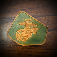 Load image into Gallery viewer, Leather Frame Emblem for the Indian Scout - Eagle Globe &amp; Anchor, Green &amp; Gold