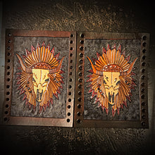 Load image into Gallery viewer, Motorcycle Fork Covers - Cow Skull &amp; War Bonnet