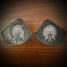 Load image into Gallery viewer, Leather Frame Emblem for the Indian Scout - Native Skull Tomahawk