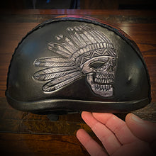Load image into Gallery viewer, Leather covered Half Helmet With Flying Skull Art