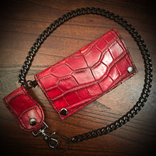 Load image into Gallery viewer, Long Biker Exotic Leather Wallet with Chain - American Alligator Leather, Red, Red &amp; Black Interior, Black Stitching