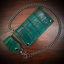 Load image into Gallery viewer, Long Biker Exotic Leather Wallet with Chain - American Alligator Leather, Green, Red &amp; Green Interior, Red Stitching