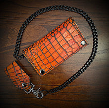 Load image into Gallery viewer, Long Biker Exotic Leather Wallet with Chain - American Alligator Leather, Orange &amp; Black