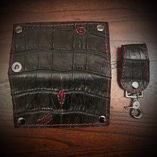 Load image into Gallery viewer, Long Biker Exotic Leather Wallet with Chain - American Alligator Leather, Black, Red Interior, Red Stitching
